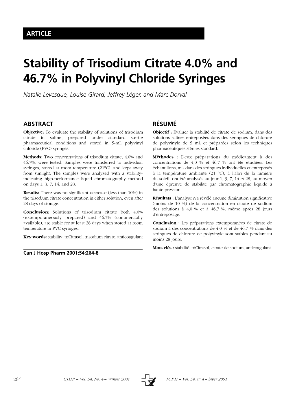 Stability of Trisodium Citrate 4.0% and 46.7% in Polyvinyl Chloride Syringes