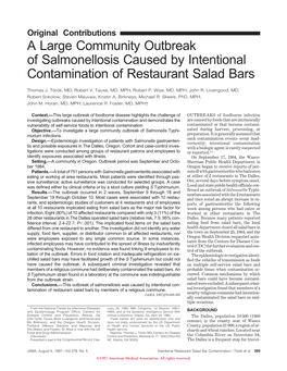 Original Contributions a Large Community Outbreak of Salmonellosis Caused by Intentional Contamination of Restaurant Salad Bars
