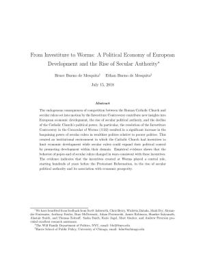 From Investiture to Worms: a Political Economy of European Development and the Rise of Secular Authority∗