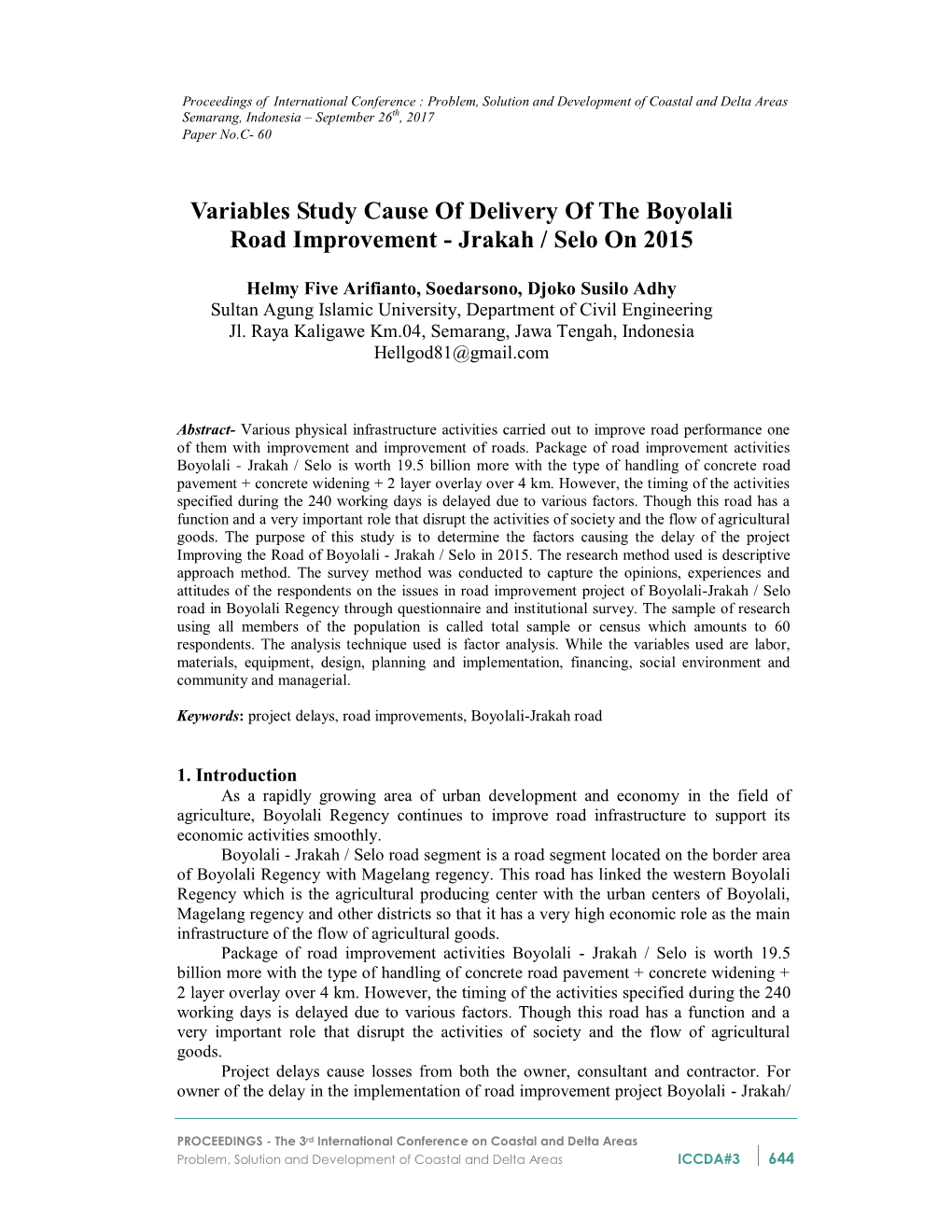 Variables Study Cause of Delivery of the Boyolali Road Improvement - Jrakah / Selo on 2015