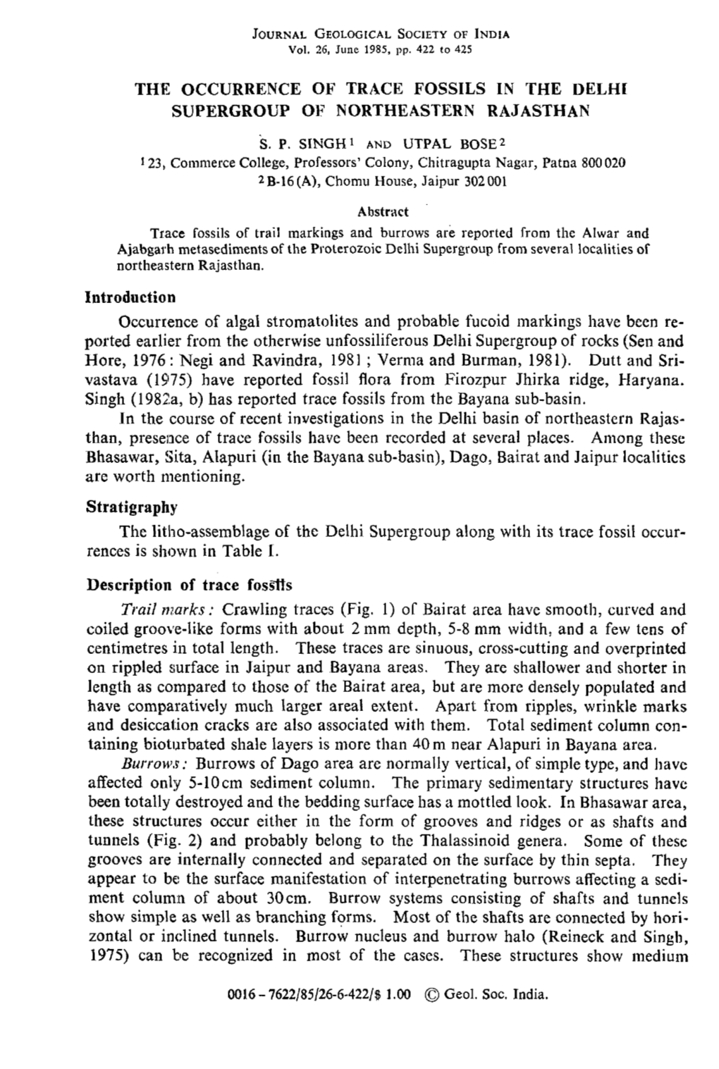 The Occurrence of Trace Fossils in the Delhi Supergroup of Northeastern Rajasthan