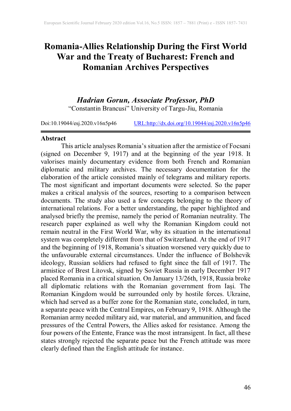 Romania-Allies Relationship During the First World War and the Treaty of Bucharest: French and Romanian Archives Perspectives