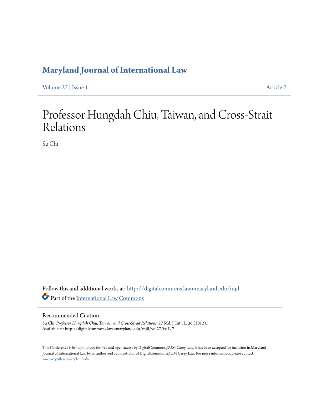 Professor Hungdah Chiu, Taiwan, and Cross-Strait Relations Su Chi