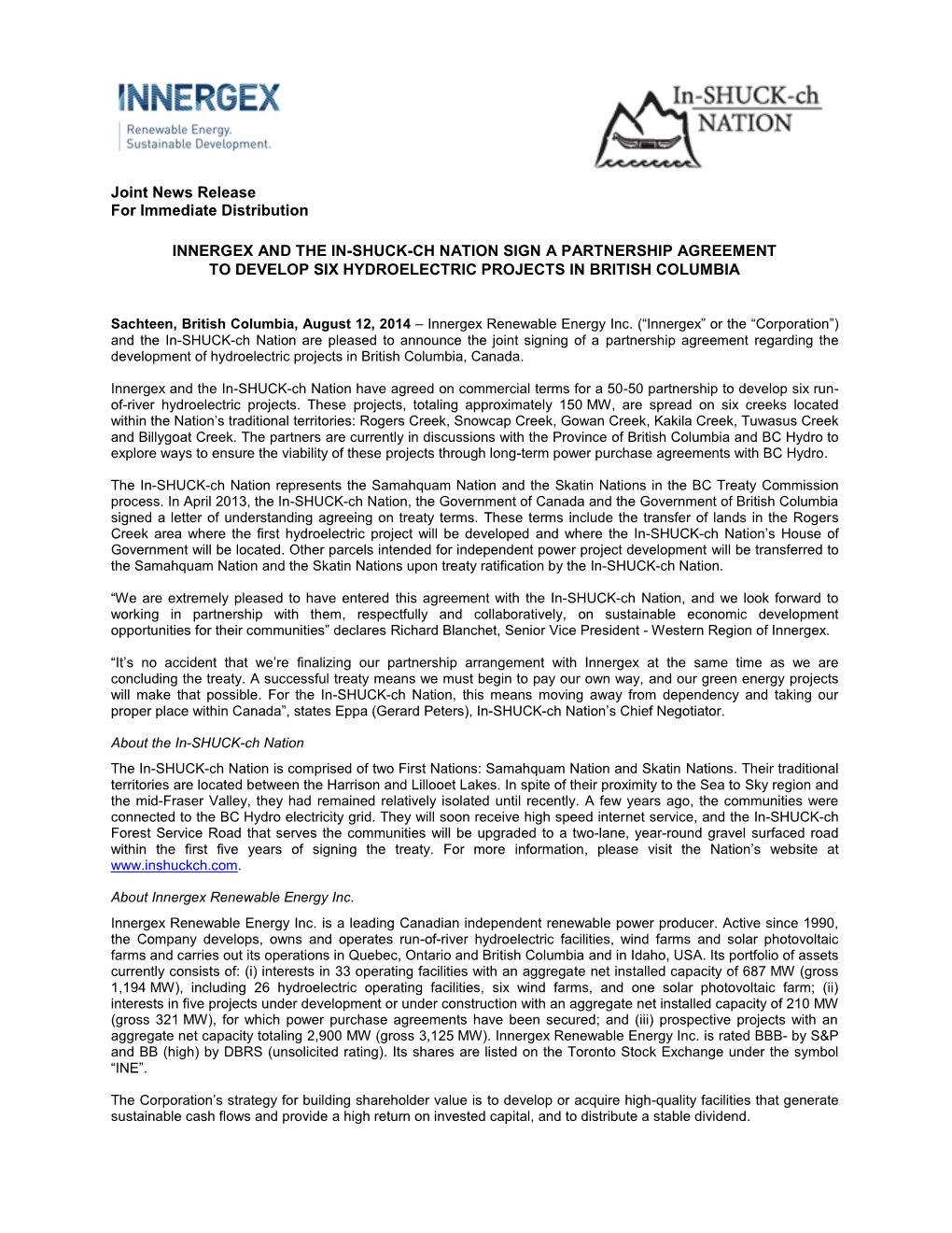 Joint News Release for Immediate Distribution INNERGEX and THE