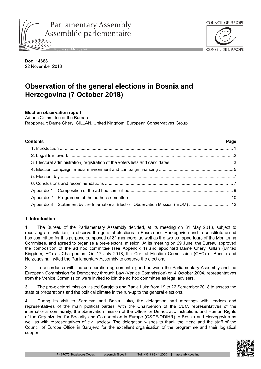Observation of the General Elections in Bosnia and Herzegovina (7 October 2018)