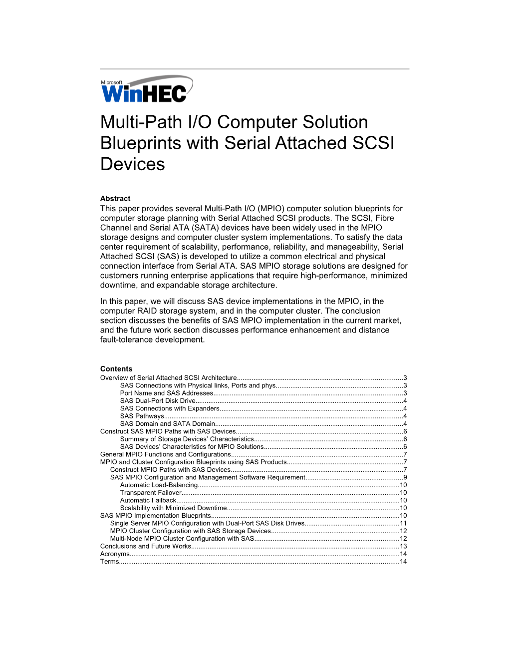 Multi-Path I/O Computer Solution Blueprints with Serial Attached SCSI Devices