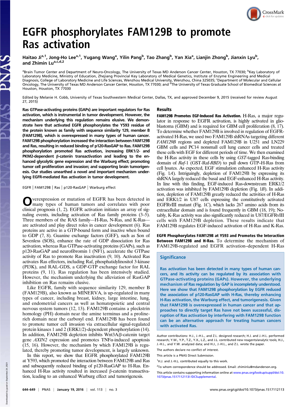 EGFR Phosphorylates FAM129B to Promote Ras Activation