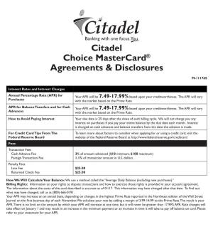 Citadel Choice Mastercard® Agreements & Disclosures