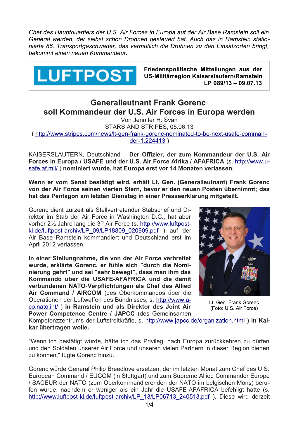 Generalleutnant Frank Gorenc Soll Kommandeur Der U.S. Air Forces in Europa Werden Von Jennifer H