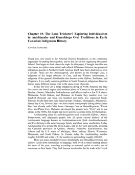 Chapter 19. the Lone Trickster? Exploring Individualism in Anishinaabe and Omushkego Oral Traditions in Early Canadian Indigenous History