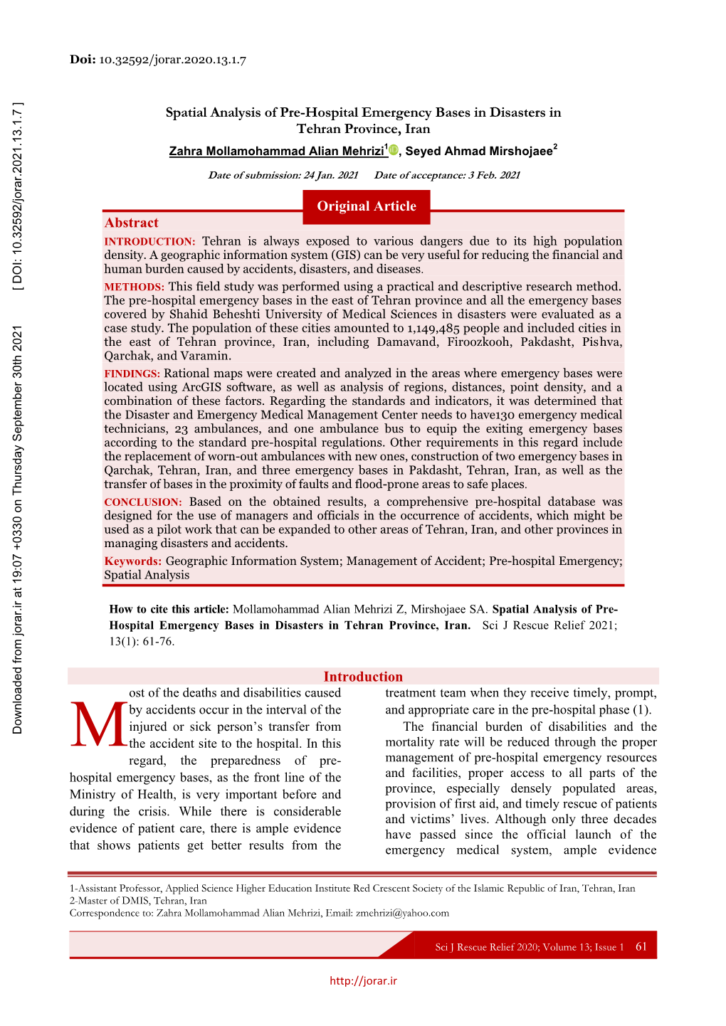 Spatial Analysis of Pre-Hospital Emergency Bases in Disasters in Tehran Province, Iran