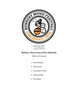Bunbury Music Festival 2014 Media Kit Table of Contents