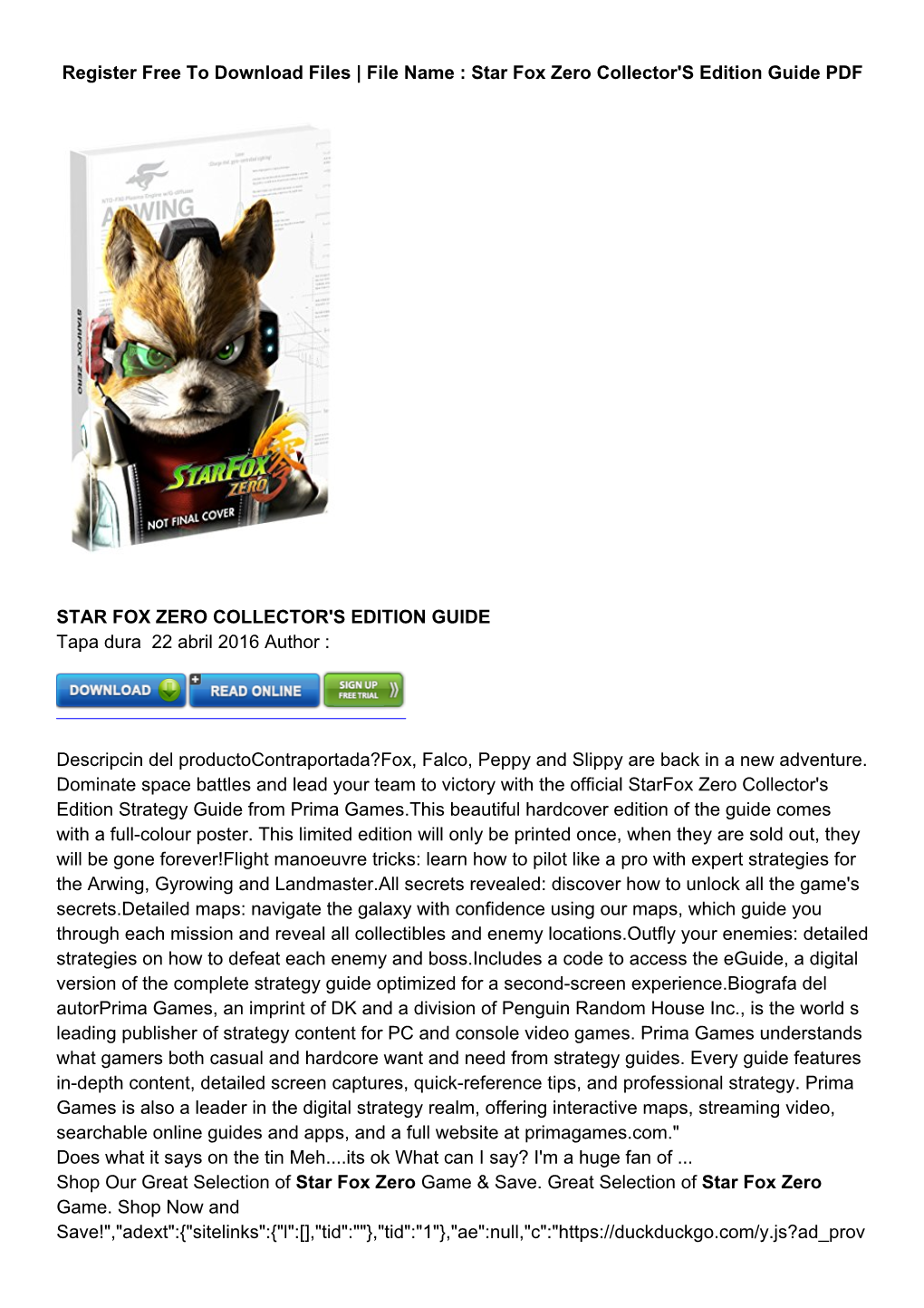 Livre Star Fox Zero Collector's Edition Guide