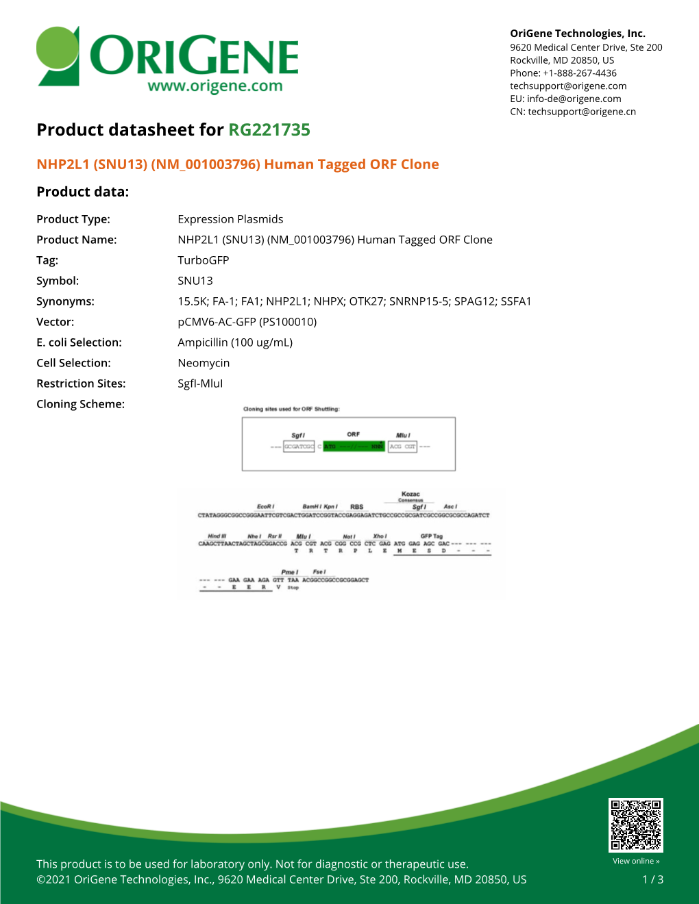 NHP2L1 (SNU13) (NM 001003796) Human Tagged ORF Clone Product Data