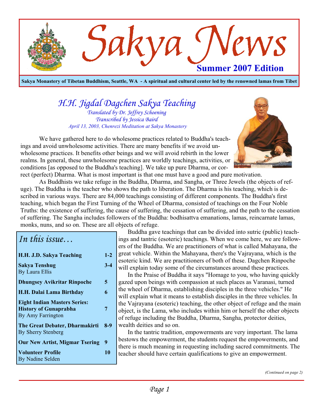 Sakya Newsletter: Summer 2007