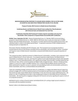 Nexstar Broadcasting Proposes to Acquire Media General for $14.50 Per Share in Accretive Cash and Stock Transaction Valued at $4.1 Billion