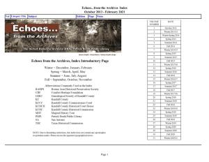 Echoes...From the Archives Index October 2013 - February 2021 Vol Category Title Subject Edition Page Notes