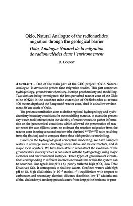 Oklo, Natural Analogue of the Radionuclides Migration Through the Geological Barrier Oklo, Analogue Naturel De La Migration De Radionucléides Dans L'environnement