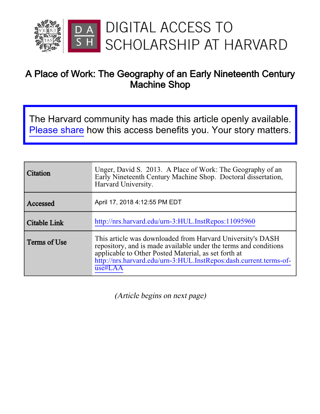 A Place of Work: the Geography of an Early Nineteenth Century Machine Shop