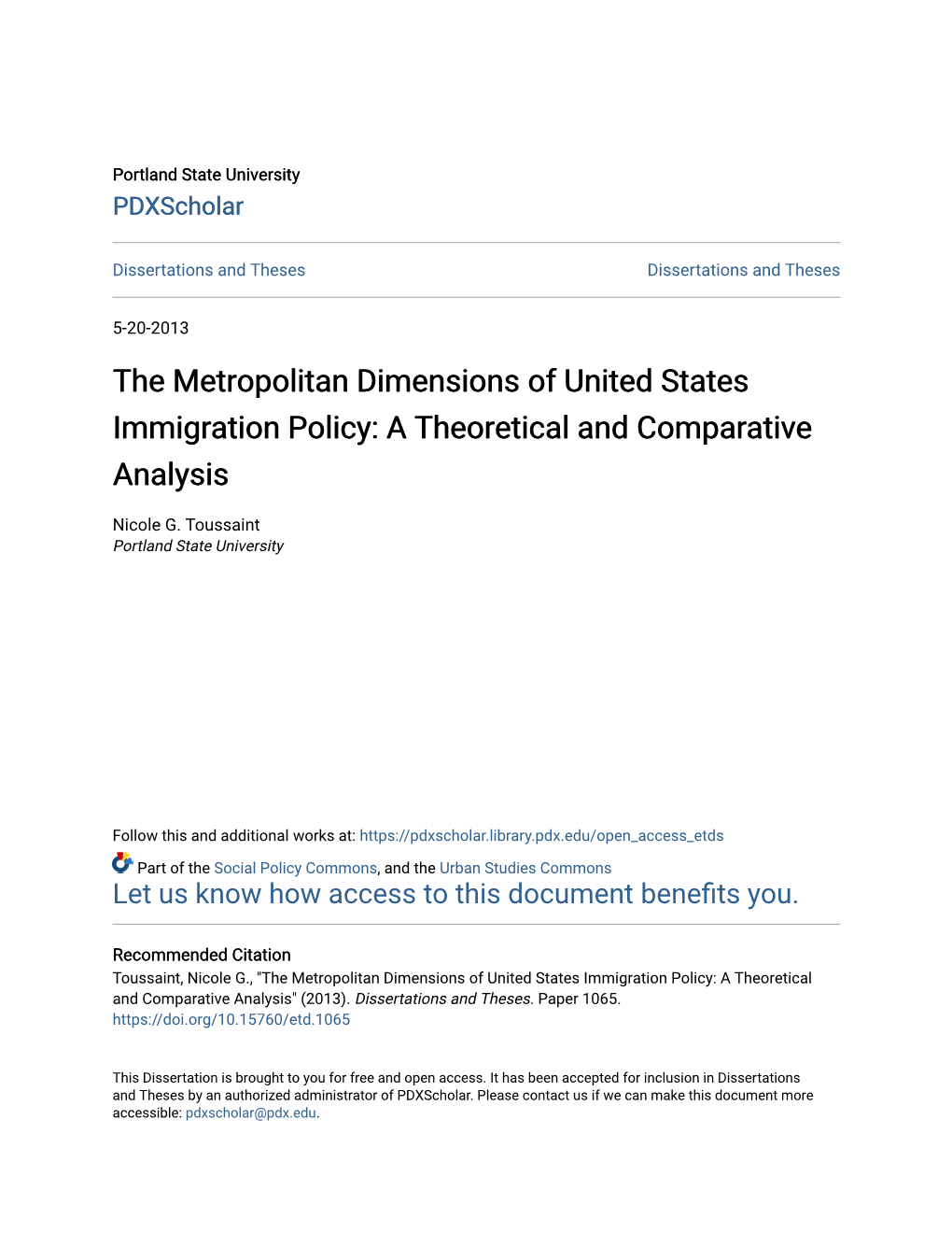 The Metropolitan Dimensions of United States Immigration Policy: a Theoretical and Comparative Analysis