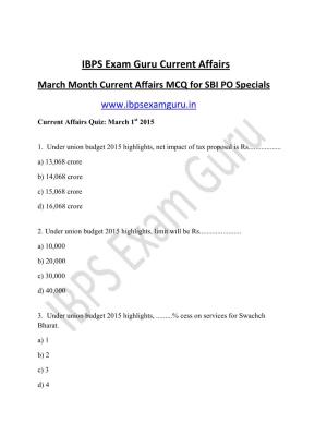 IBPS Exam Guru Current Affairs March Month Current Affairs MCQ for SBI PO Specials