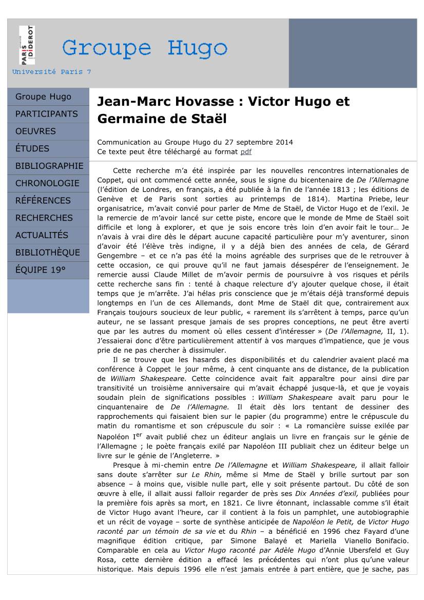 Jean-Marc Hovasse: Victor Hugo Et Germaine De Staël
