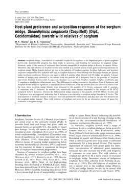 Host-Plant Preference and Oviposition Responses of the Sorghum Midge, Stenodiplosis Sorghicola (Coquillett) (Dipt., Cecidomyiidae) Towards Wild Relatives of Sorghum