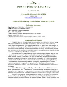 Pease Public Library Vertical Files, 1766-2013, 2020
