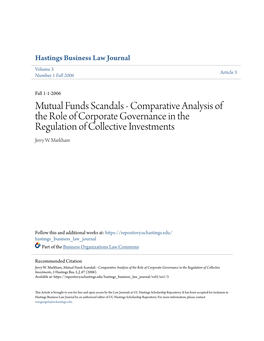 Mutual Funds Scandals - Comparative Analysis of the Role of Corporate Governance in the Regulation of Collective Investments Jerry W