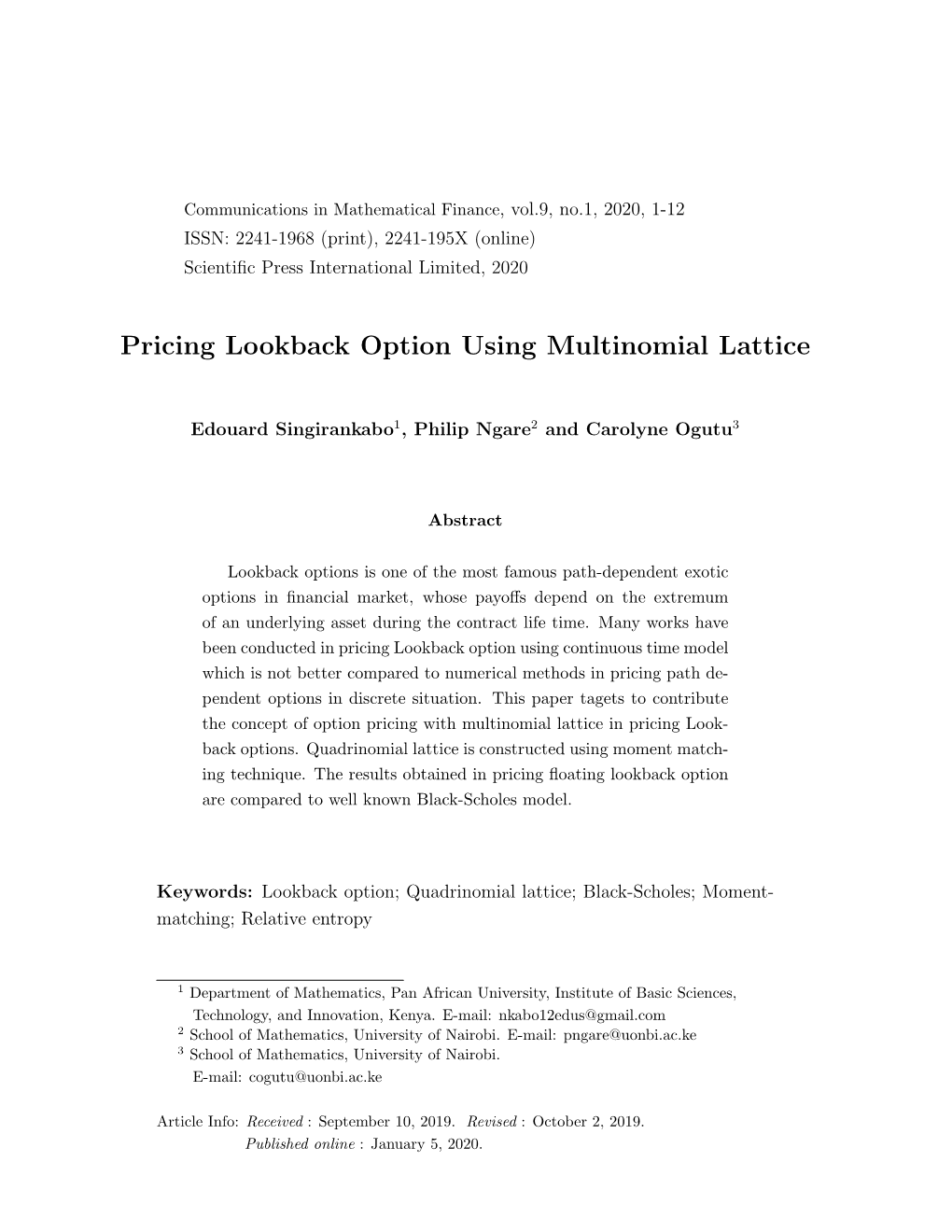 Pricing Lookback Option Using Multinomial Lattice -.: Scientific Press International Limited