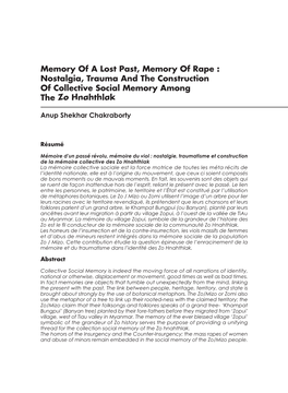 Memory of a Lost Past, Memory of Rape : Nostalgia, Trauma and the Construction of Collective Social Memory Among the Zo Hnahthlak