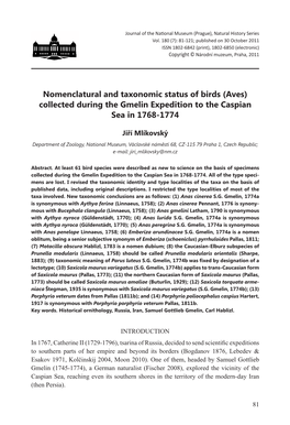 Nomenclatural and Taxonomic Status of Birds (Aves) Collected During the Gmelin Expedition to the Caspian Sea in 1768-1774