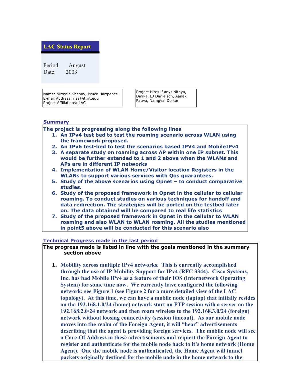 Data Mining Research Group Status Reports