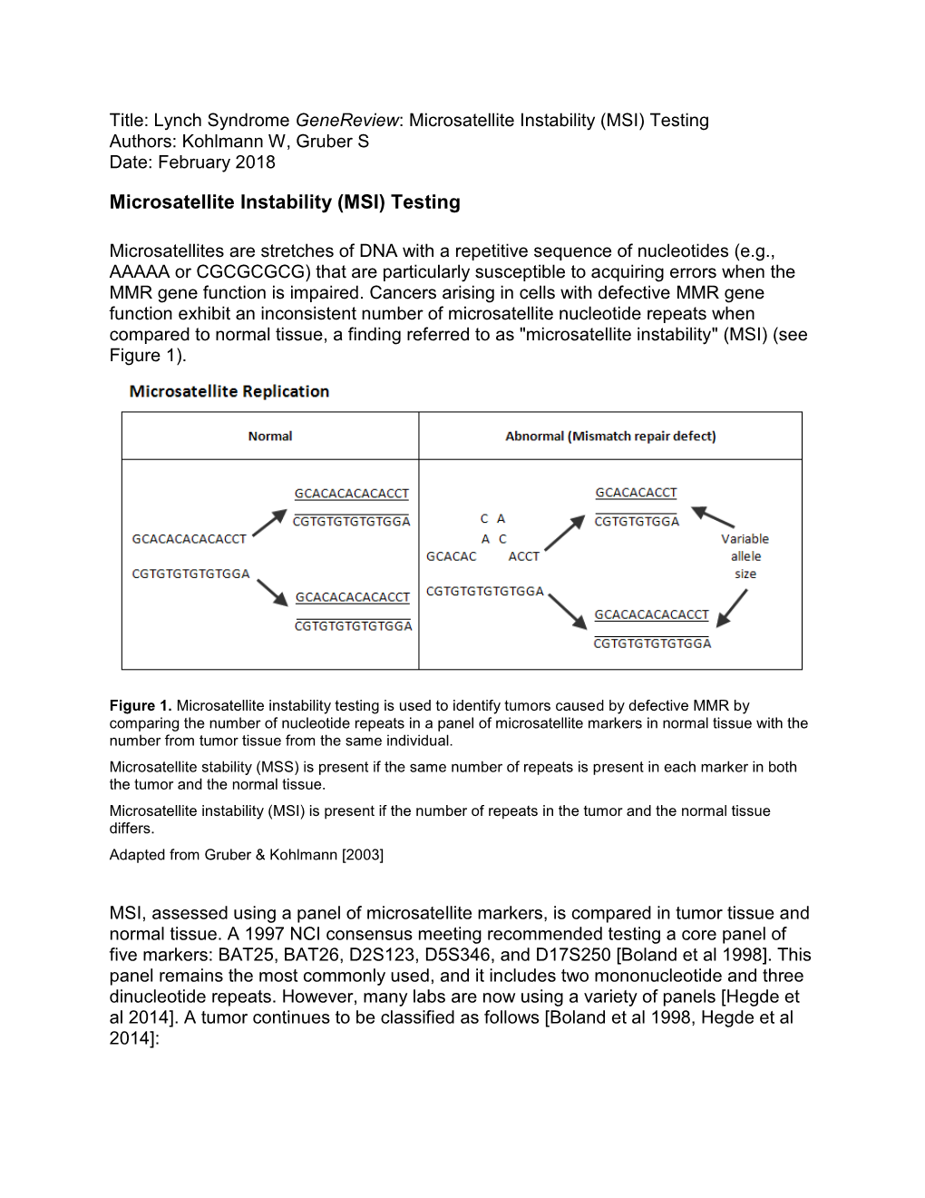 Microsatellite Instability (MSI) Testing Authors: Kohlmann W, Gruber S Date: February 2018