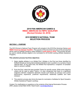 2019 PAN AMERICAN GAMES & WBSC AMERICAS OLYMPIC QUALIFIER (Revised October 24, 2018) 2019 WOMEN's NATIONAL TEAM SELECTION