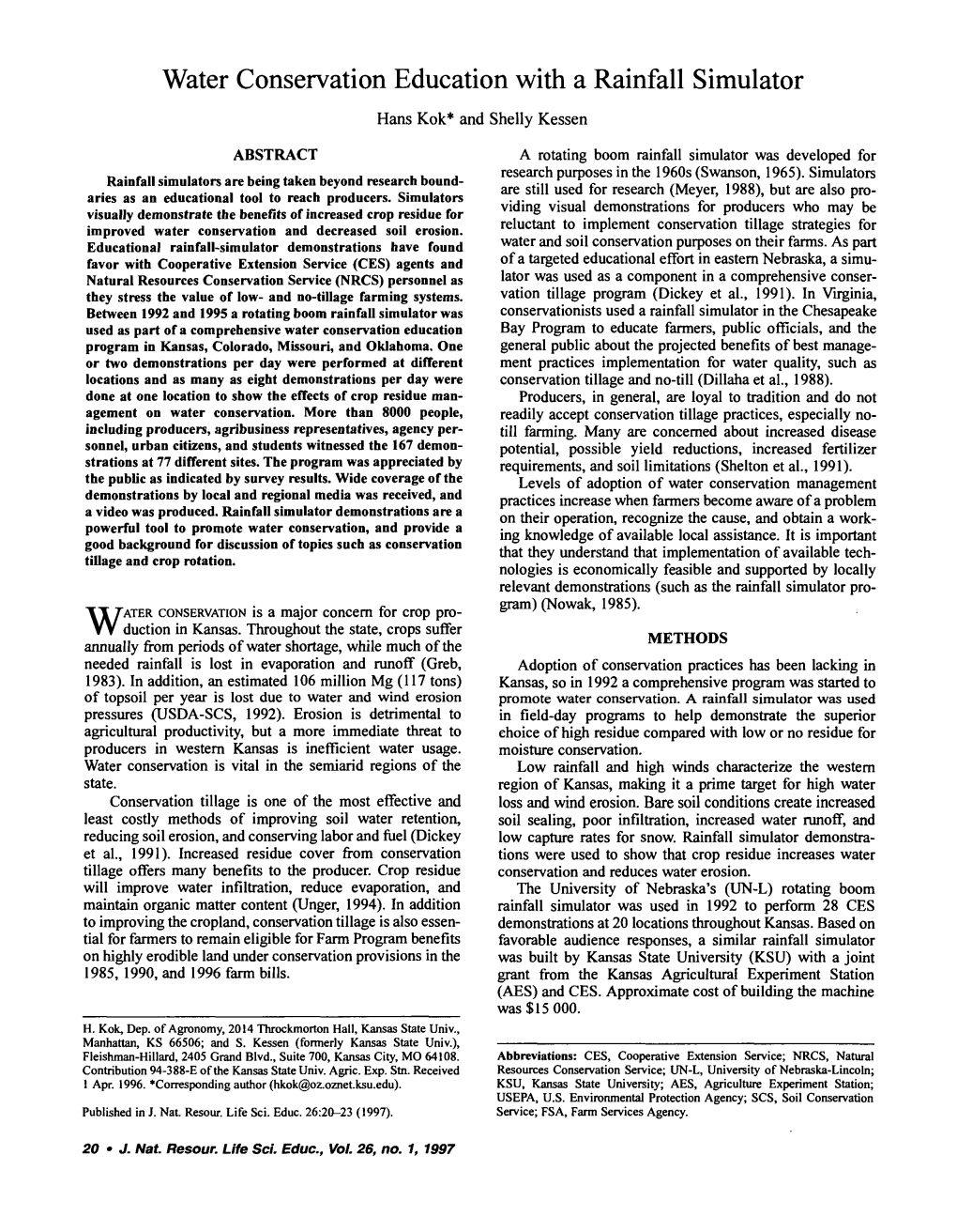 1997) Water Conservation Education with a Rainfall Simulator (JNRLSE