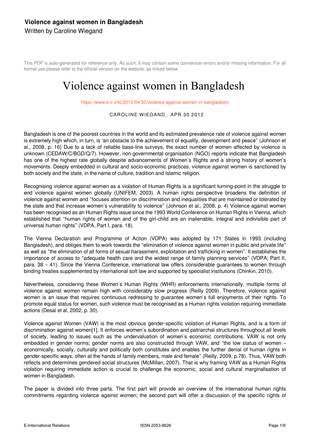 Violence Against Women in Bangladesh Written by Caroline Wiegand