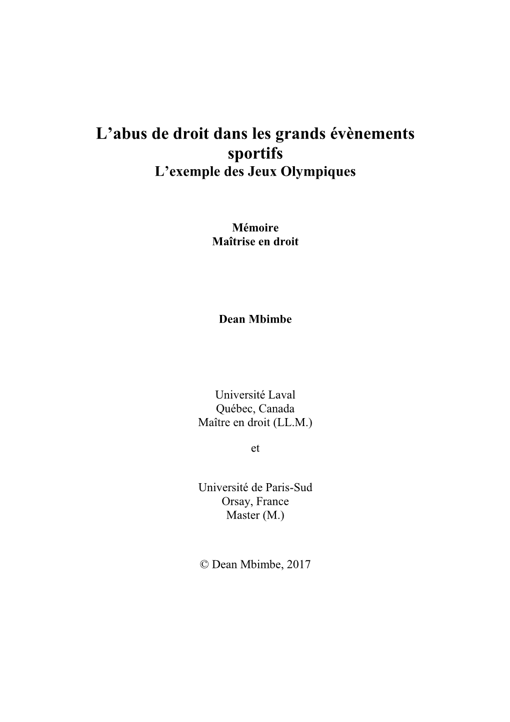 L'abus De Droit Dans Les Grands Évènements Sportifs