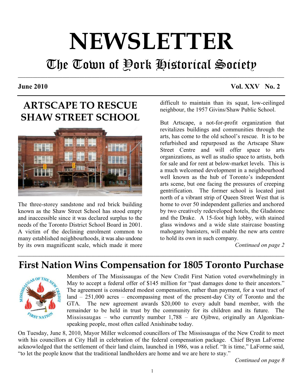 NEWSLETTER the Town of York Historical Society ______