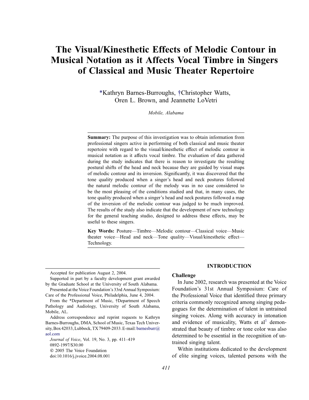 The Visual/Kinesthetic Effects of Melodic Contour in Musical Notation As It Affects Vocal Timbre in Singers of Classical and Music Theater Repertoire