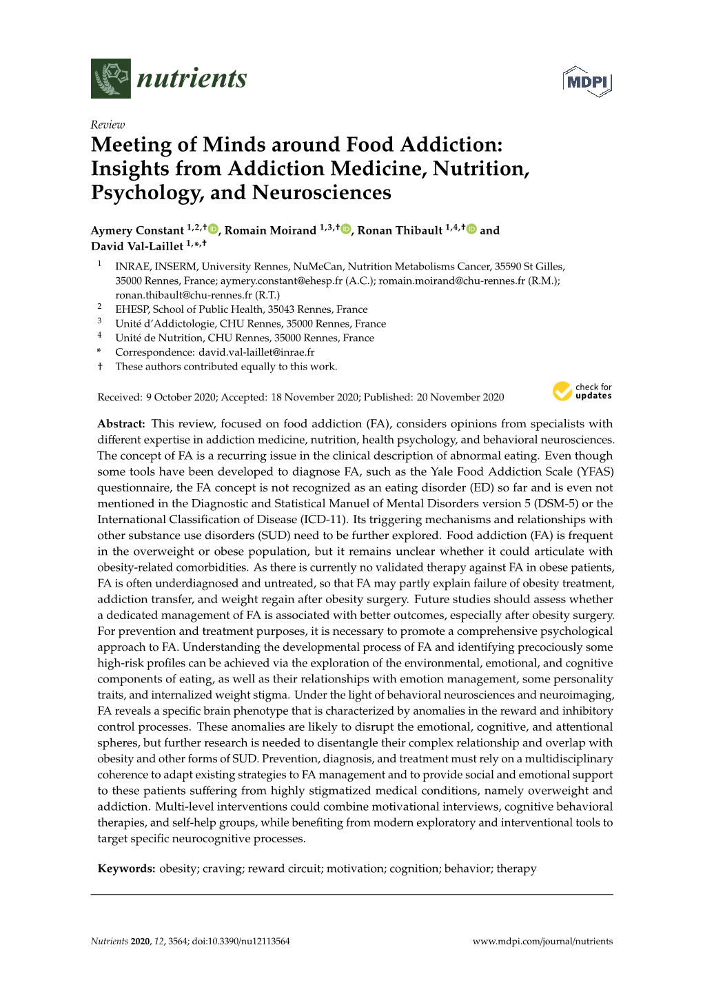 Insights from Addiction Medicine, Nutrition, Psychology, and Neurosciences