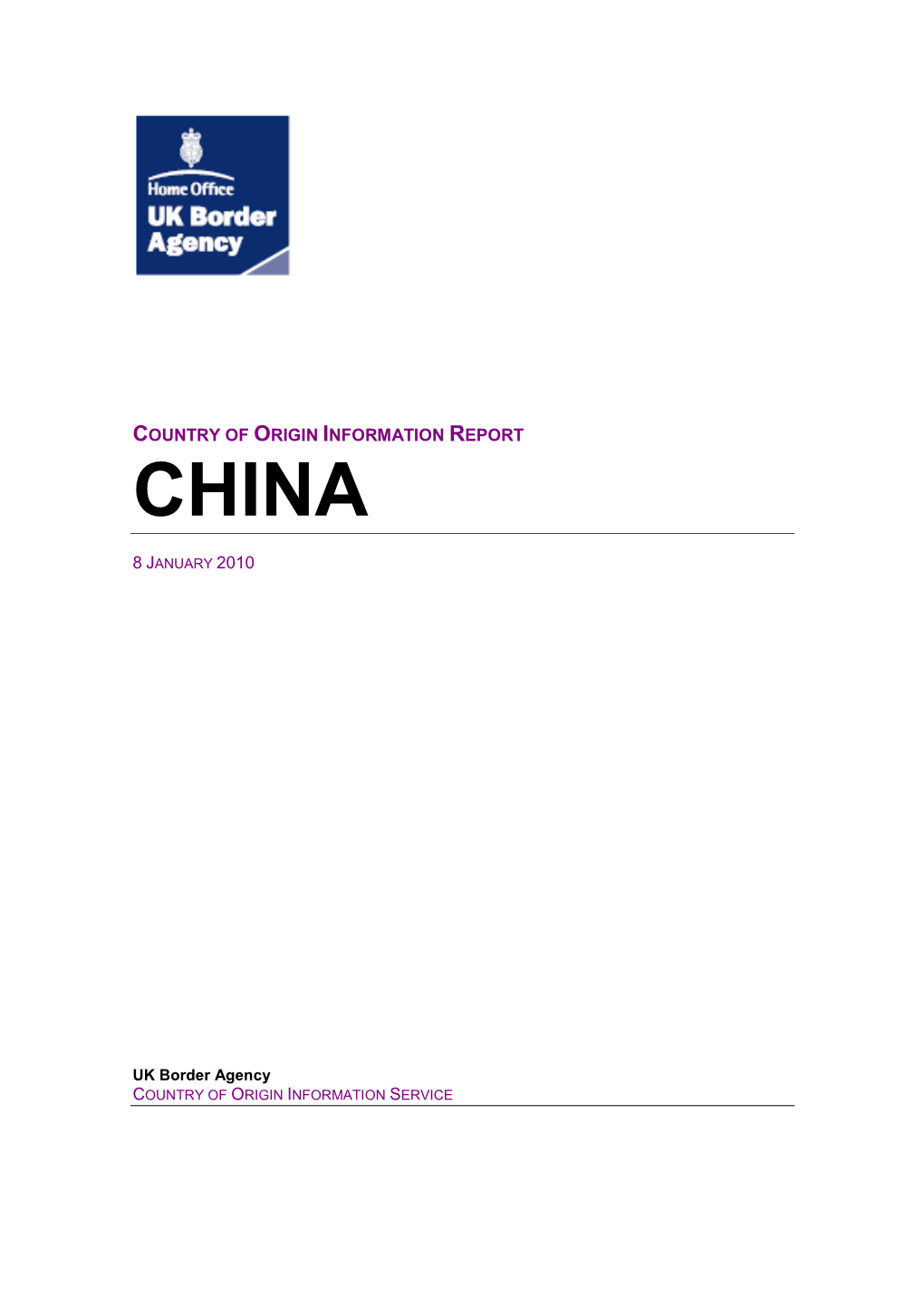 Country of Origin Information Report: China January 2010