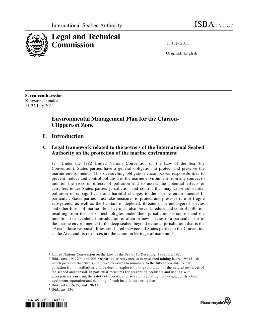 International Seabed Authority. Environmental Management Plan