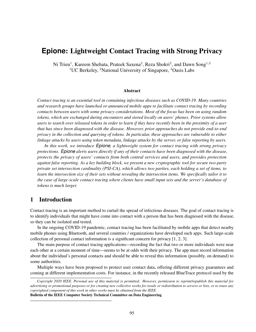 Epione: Lightweight Contact Tracing with Strong Privacy