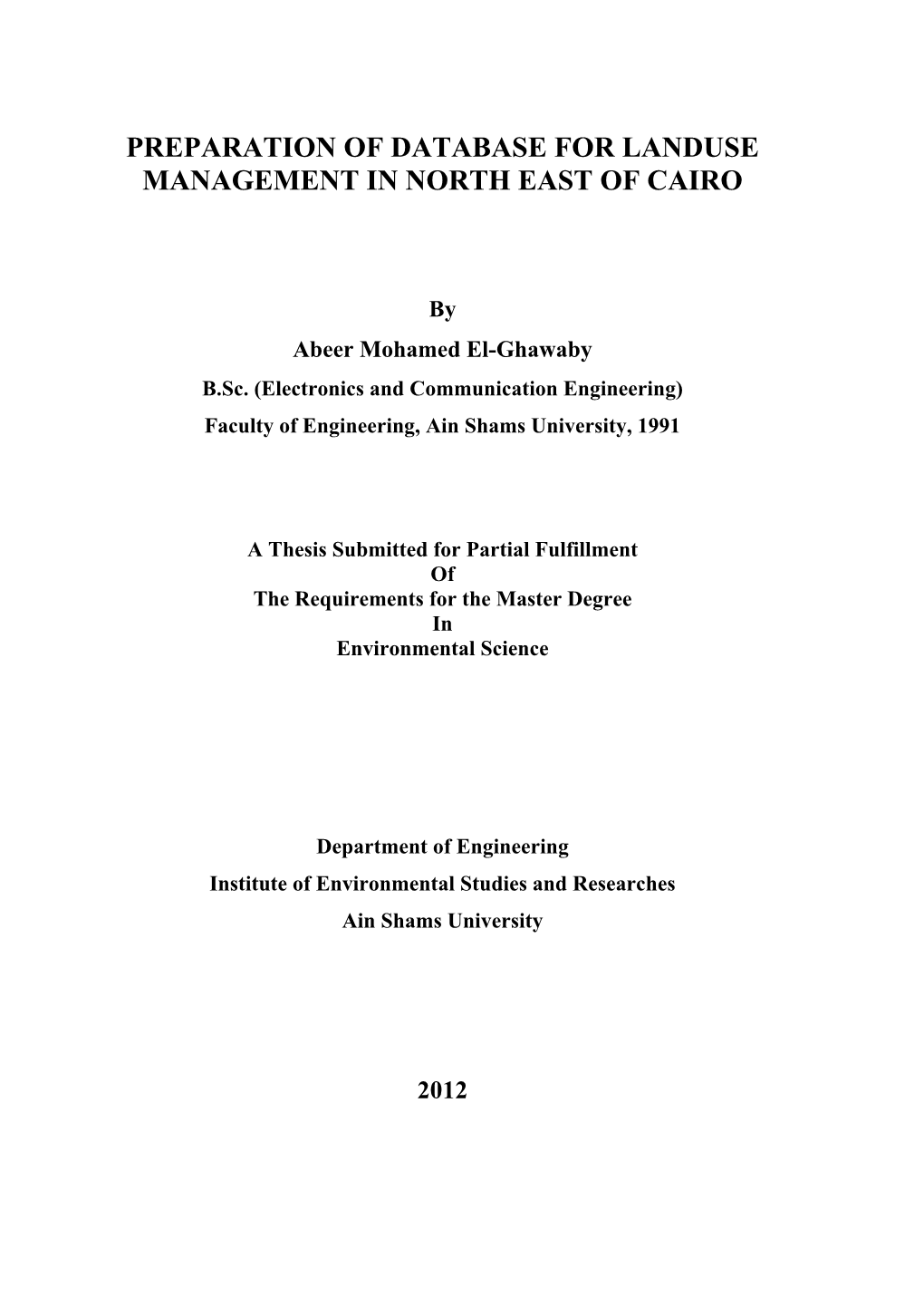 Preparation of Database for Landuse Management in North East of Cairo