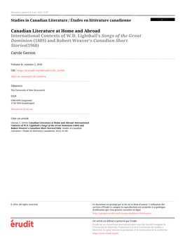 Canadian Literature at Home and Abroad: International Contexts of W.D