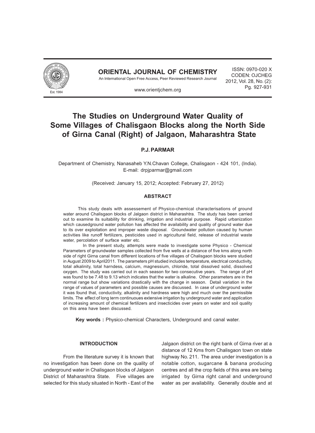 The Studies on Underground Water Quality of Some Villages of Chalisgaon Blocks Along the North Side of Girna Canal (Right) of Jalgaon, Maharashtra State