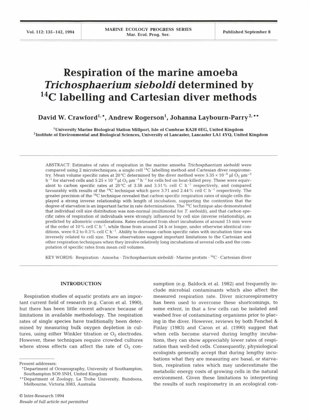 Respiration of the Marine Amoeba 14C Labelling and Cartesian Diver Methods