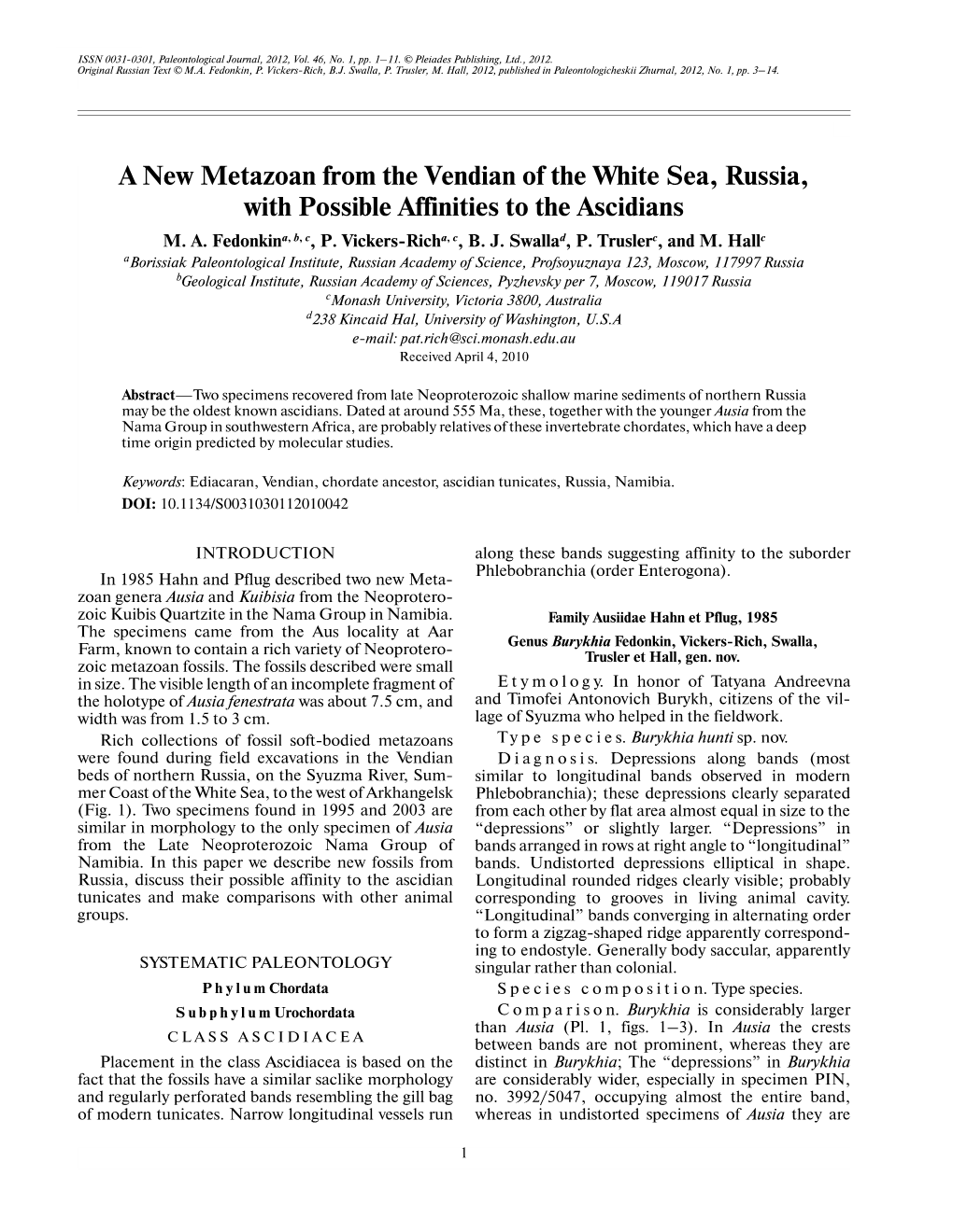 A New Metazoan from the Vendian of the White Sea, Russia, with Possible Affinities to the Ascidians M