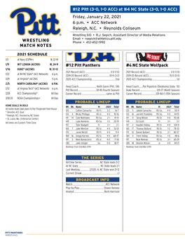 WRESTLING MATCH NOTES #12 Pitt (3-0, 1-0 ACC) at #4 NC State (3-0